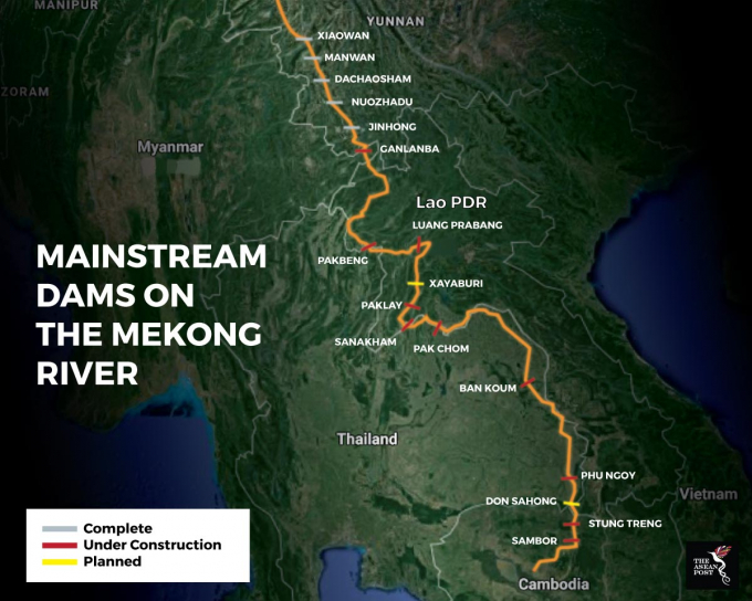 Biểu đồ các dự án đập thủy điện trên dòng chính sông Mekong thời điểm tháng 7 năm 2018 (màu xám: đã hoàn thành; màu đỏ: đang xây dựng và màu vàng: sắp xây dựng). Đồ họa: The Asean Post