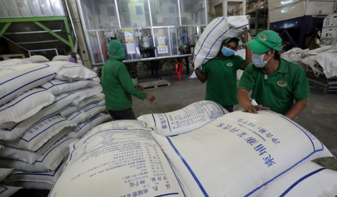 Nhân công Campuchia vẫn chuyển gạo xuất khẩu sang Trung Quốc. Ảnh: Khmer Times.