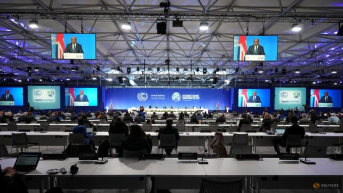 President of the United Nations General Assembly Abdulla Shahid is seen on screen as he speaks at the start of UN Climate Change Conference (COP26) in Glasgow, Scotland, on Oct 31, 2021. Photo: Christopher Furlong/Pool via REUTERS