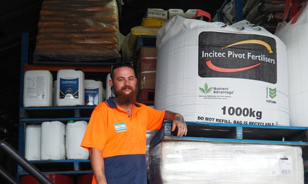 Bryce Budworth works at agricultural supplies outlet GK & LH Rohr in Gilgandra, where the price of fertiliser has shocked customers. Photo: Natasha May/The Guardian