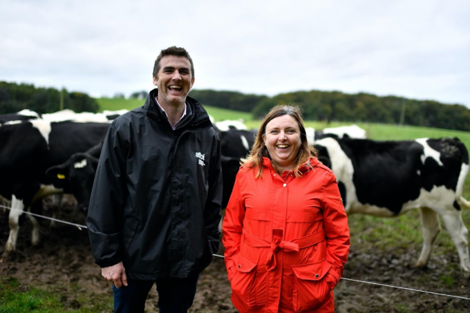Dr Steven Morrison, Programme Leader in Sustainable Livestock Production at AFBI (Agri-Food and Biosciences Institute) in Northern Ireland, and Sharon Huws pose for a photograph in front of dairy cattle at the AFBI (Agri-Food and Biosciences Institute) research farm. Photo: RT
