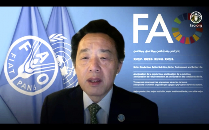 FAO Director-General QU Dongyu delivers a virtual message at the Agriculture Ministers’ Conference - Global Forum for Food and Agriculture 2022