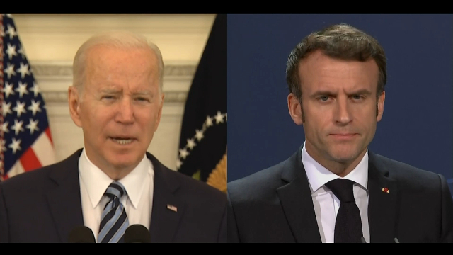 Hai nhà lãnh đạo Mỹ- Pháp thảo luận về tình hình Ukraine trong bối cảnh bế tắc ngoại giao. Ảnh: NHK