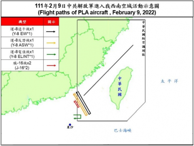Lộ trình các máy bay quân sự của Trung Quốc tiến vào vùng nhận dạng phòng không eo biển Đài Loan hôm 9/2/2022. Đồ họa: CNA