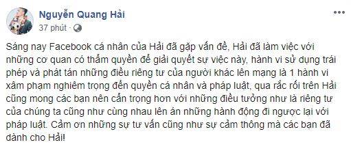 Quang Hải thông báo bị hack facebook.