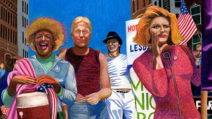 Marsha P. Johnson, Joseph Ratanski và Sylvia Rivera vào năm 1973 được vẽ bởi bởi Gary LeGault.