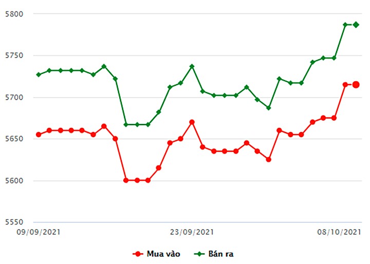 Biểu đồ giá vàng trong nước mới nhất hôm nay 8/10 tại Công ty SCJ (tính đến 9h00)