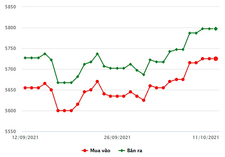 Biểu đồ giá vàng trong nước mới nhất hôm nay 11/10 tại Công ty SCJ (tính đến 8h30)