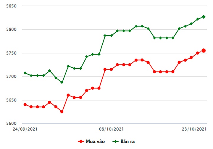 Biểu đồ giá vàng trong nước mới nhất hôm nay 23/10 tại Công ty SCJ (tính đến 8h30)