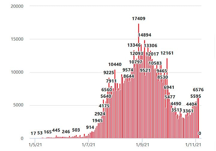 Biểu đồ số ca nhiễm Covid-19 trong nước theo ngày mới nhất hôm nay 5/11/2021. Ảnh: Vietnamnet