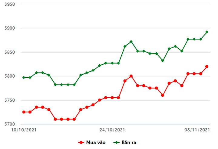 Biểu đồ giá vàng trong nước mới nhất hôm nay 8/11 tại Công ty SCJ (tính đến 8h30)