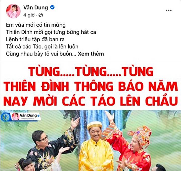 Nghệ sĩ Vân Dung vui mừng khi sắp đi họp với e-kip chương trình Táo Quân trên facebook.