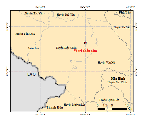 Trận động đất mới ghi nhận vào thời điểm 13 giờ 00 phút 12 giây tại khu vực huyện Mộc Châu, Sơn La. Ảnh: Viện Vật lý địa cầu.