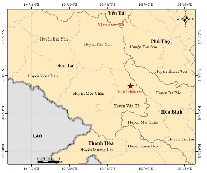 Vị trí trận động đất lúc 8h13 sáng 17/8 tại huyện Vân Hồ, Sơn La. Ảnh: Viện Vật lý địa cầu.
