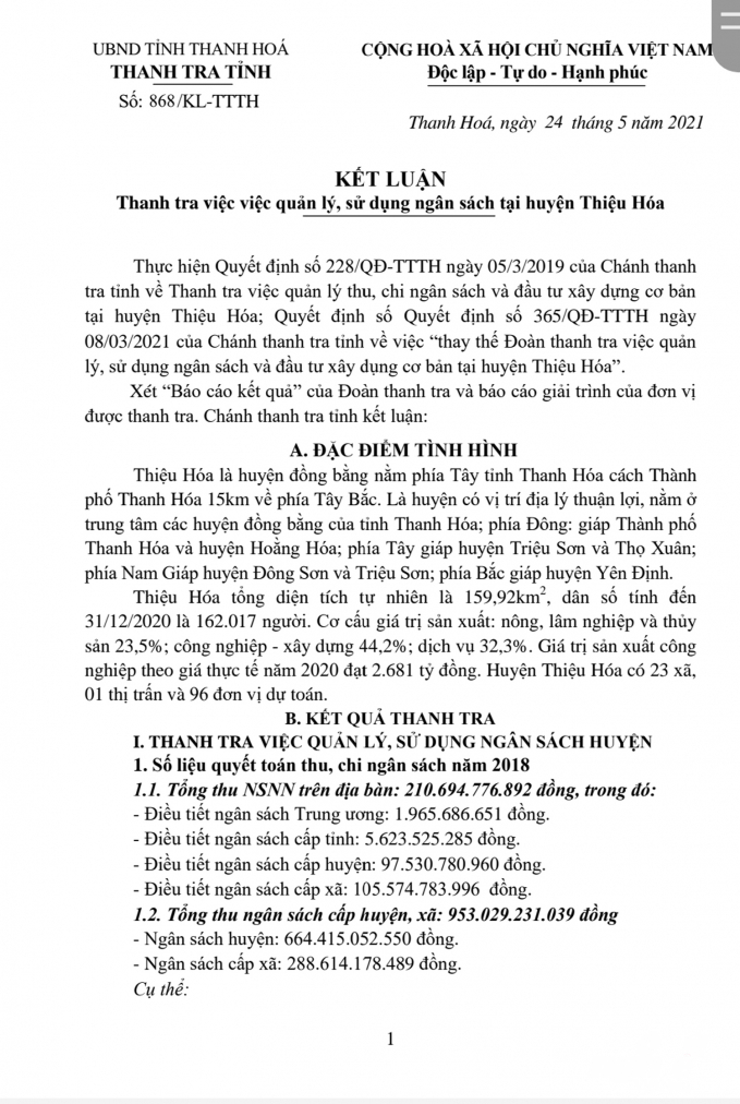 Thanh tra tỉnh Thanh Hóa chỉ ra nhiều sai phạm trong quản lý, sử dụng ngân sách và đầu tư xây dựng cơ bản. Ảnh: VD.