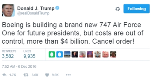 Tổng thống Mỹ đắc cử Donald Trump kêu gọi hủy hợp đồng với Boeing trên Twitter cá nhân. Ảnh: CNBC/Twitter.