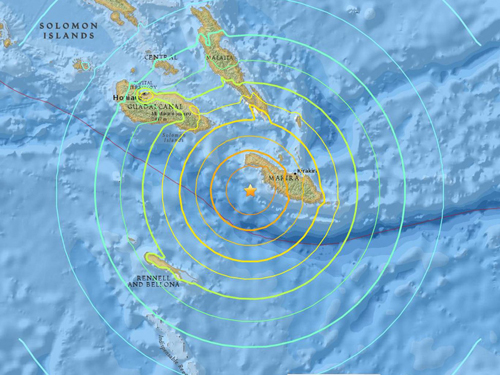 Vị trí xảy ra động đất  ở ngoài khơi đảo quốc Solomon, nam Thái Bình Dương sáng sớm nay. Ảnh: USGS