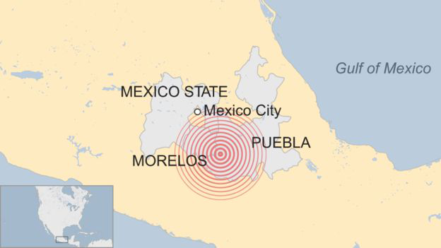   Tâm chấn gần thủ đô Mexico. (Ảnh: BBC)  