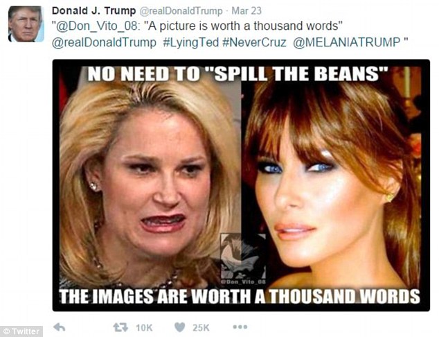 Ông Trum đã tỏ ra hối hận sau khi đăng tải một tấm ảnh so sánh bà Heidi Cruz (trái), phu nhân của cựu ứng viên tổng thống đảng Cộng hòa Ted Cruz, và vợ ông, bà Melania Trump, để “dìm hàng”vợ của đối thủ hồi tháng 3/2016. (Ảnh: Twitter)