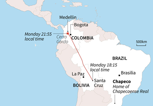 Đường bay từ Santa Cruz tới Medellin của chiếc máy bay xấu số. Đồ họa: AFP