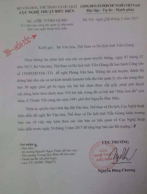 Công văn hoả tốc của Cục Nghệ thuật Biểu diễn yêu cầu Sở VHTT&DL tỉnh Tiền Giang giải trình việc cấm lưu hành và phổ biến ca khúc Màu hoa đỏ. Ảnh: HTL.