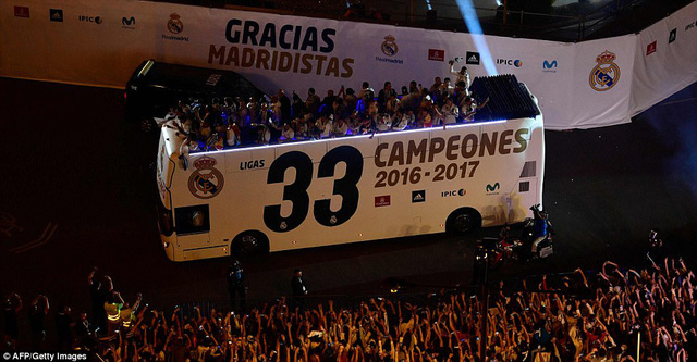   Các cổ động viên vây quanh cầu thủ Real Madrid trên các tuyến đường ở thủ đô Madrid  