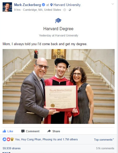 “Dấu mốc” tốt nghiệp ĐH Harvard trên trang cá nhân của Mark Zuckerberg.