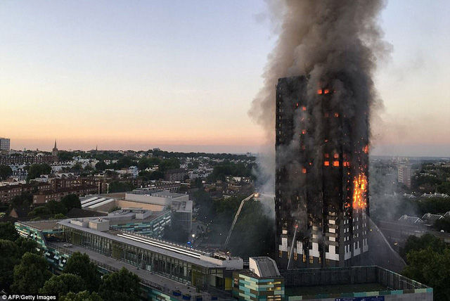 Một vụ hỏa hoạn xảy ra tại tòa tháp Grenfell 27 tầng tại quận White City, London, Anh vào rạng sáng nay 14/6. Tòa tháp được xây dựng từ những năm 1970 với khoảng 120 căn hộ. (Ảnh: AFP)