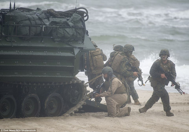 Các binh sĩ tham gia bài tập tấn công đổ bộ trên bờ biển Ba Lan (Ảnh: REX)
