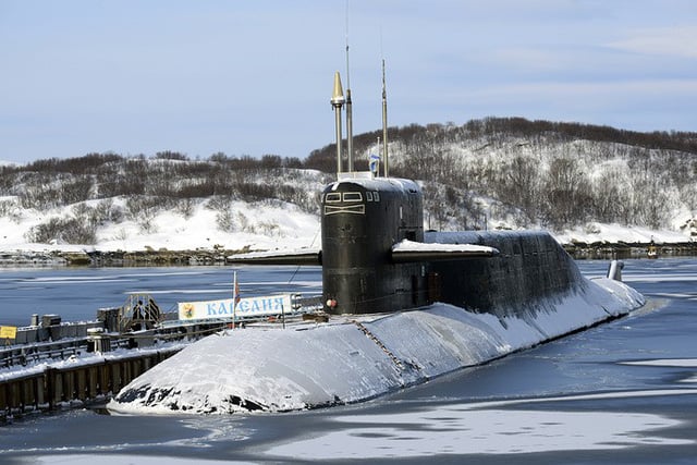 Cận cảnh tàu ngầm mang tên lửa chiến lược chạy bằng năng lượng hạt nhân K-18 Karelia thuộc Hạm đội phương Bắc Nga.