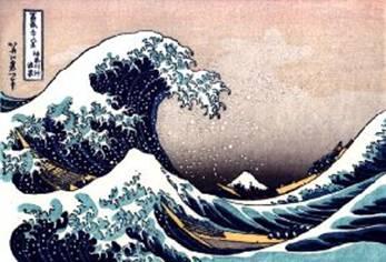 Thủy triều Tsunami, đặc biệt ở ngoài khơi bờ biển Kanagawa ồ ạt tràn lên nước Nhật hồi thế kỷ thứ 18. Tranh do họa sĩ Hokusai vẽ