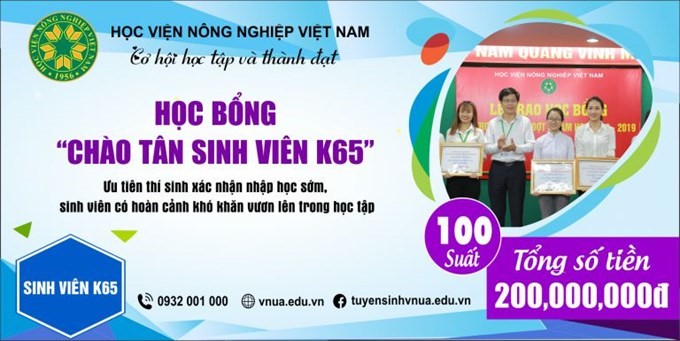 Các sinh viên trúng tuyển vào Học viện Nông nghiệp Việt Nam năm 2020 có cơ hội nhận học bổng 'Chào đón tân sinh viên K65' với tổng số tiền lên đến 200 triệu đồng. Ảnh: HVNN