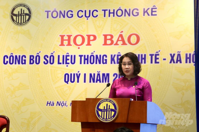 Bà Nguyễn Thị Hương, Tổng cục trưởng Tổng cục Thống kê phát biểu tại buổi họp báo. Ảnh: HG.