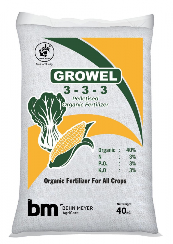 Phân bón hữu cơ Growel 3-3-3 của Công ty Behn Meyer giúp vườn cây ăn trái phục hồi nhanh sau hạn mặn. Ảnh: Ngọc Trinh.