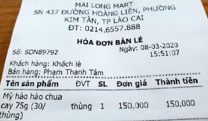 Tờ hoá đơn mua thùng mỳ tôm giá 150 nghìn đồng tại siêu thị Mai Long.