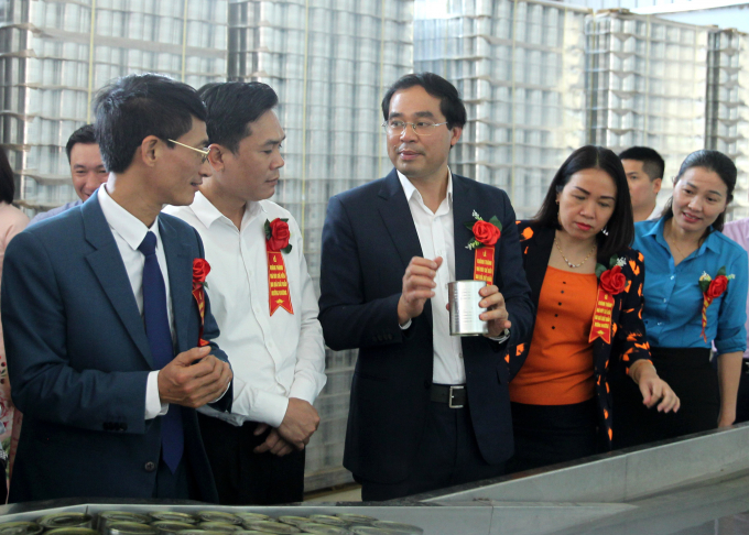Chủ tịch UBND tỉnh Lào Cai Trịnh Xuân Trường tham quan nơi chế biến dứa đóng hộp của nhà máy. Ảnh: Q.K.