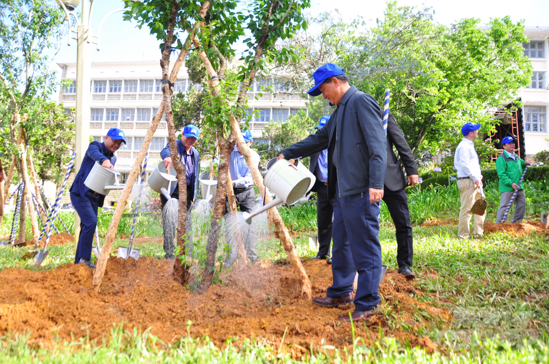 Lãnh đạo tỉnh Lâm Đồng cùng đại diện các cơ quan, đơn vị, doanh nghiệp trồng cây, khởi động chương trình. Ảnh: M.H. 