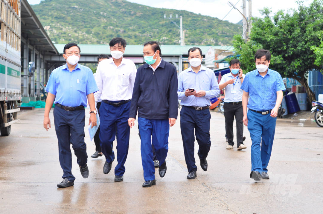 Thứ trưởng Bộ NN-PTNT Phùng Đức Tiến (giữa) cùng đoàn công tác kiểm tra đầu tư hạ tầng tại Cảng cá Cà Ná (huyện Thuận Nam, Ninh Thuận). Ảnh: Minh Hậu.