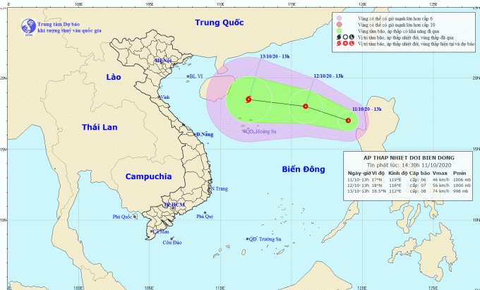 Áp thấp nhiệt đới mới ngoài biển Đông sau bão số 6. Ảnh: Trung tâm Dự Báo KTTV quốc gia.
