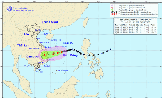 Từ ngày 5/11, bão số 10 sẽ gây mưa lớn tại các tỉnh từ Hà Tĩnh đến Quảng Trị. Ảnh: Trung tâm Dự báo KTTV quốc gia.