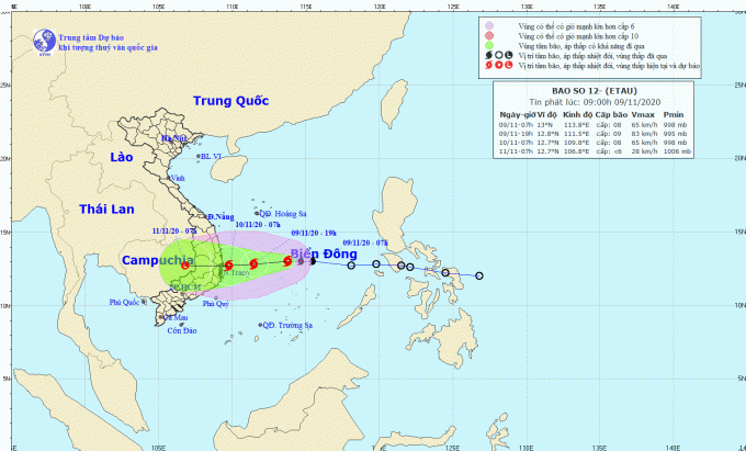 Bão số 12 sẽ gây mưa to đến rất to cho các tỉnh miền Trung. Ảnh: Trung tâm Dự báo Khí tượng thủy văn Quốc gia.