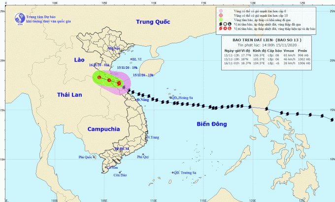 Sau khi đi vào Quảng Nam, Hà Tĩnh, bão số 13 sẽ suy yếu thành áp thấp nhiệt đới. Ảnh: Trung tâm Dự báo Khí tượng thủy văn Quốc gia.