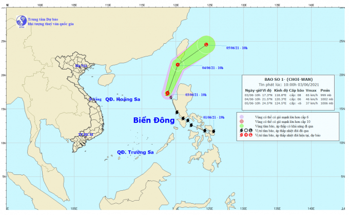 Bão số 1 với tên quốc tế Choi-wan đi vào Biển Đông. Ảnh: TTDBKTTVQG.