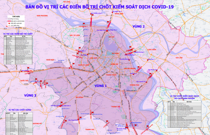 Bản đồ bố trí chốt kiểm soát tại các phân vùng chống dịch của Hà Nội. Ảnh: Sở Giao thông Vận tải Hà Nội.