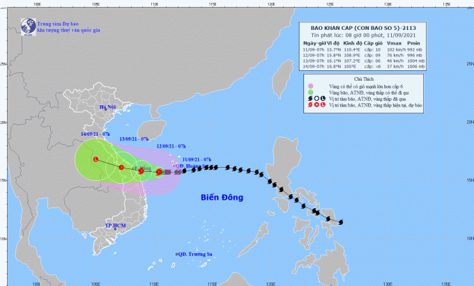 Bão Côn Sơn mạnh cấp 9, giập cấp 11 sẽ đi vào khu vực biển từ Quảng Trị - Quảng Nam trong 24 giờ tới. Ảnh: TTDBKTTVQG.