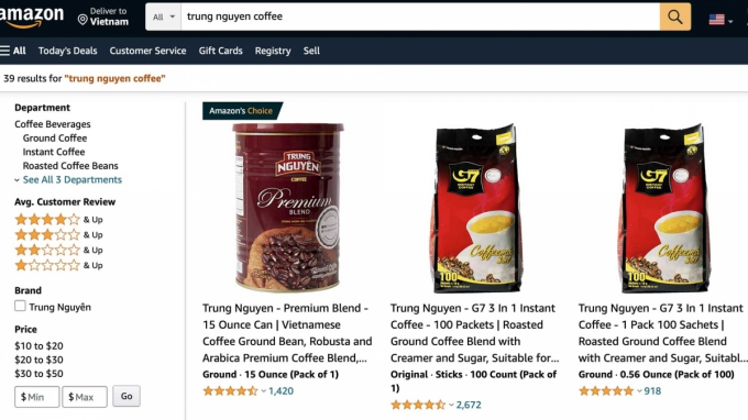 Sản phẩm cà phê Việt Nam bày bán trên sàn thương mại điện tử Amazon.