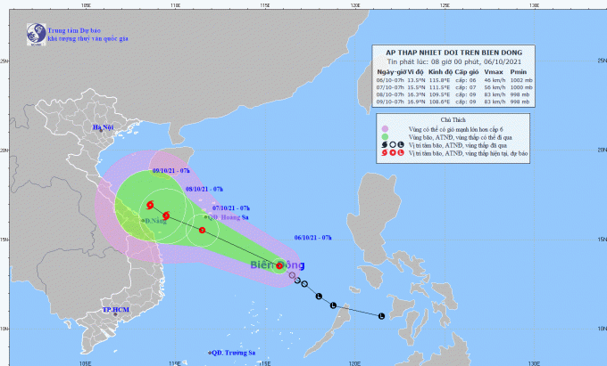 Áp thấp nhiệt đới đang hoạt động trên biển Đông có khả năng mạnh lên thành bão. Ảnh: TTDBKTTVQG.
