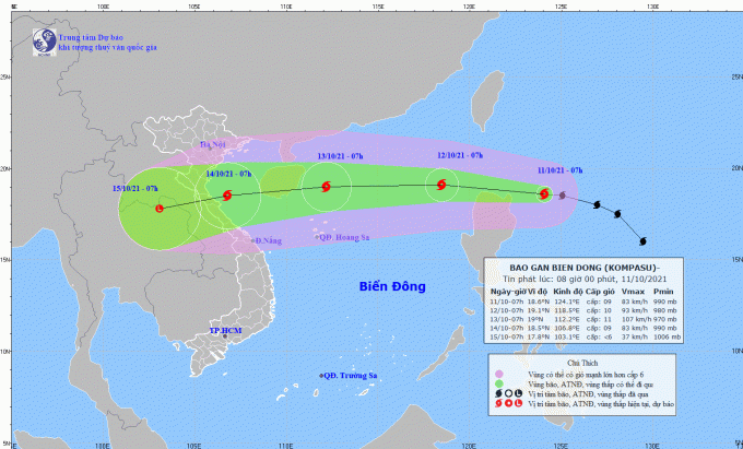 Bão Kompasu sẽ đi vào biển Đông, trở thành cơn bão số 8 năm 2021 trong 24 giờ tới. Ảnh: TTDBKTTVQG.