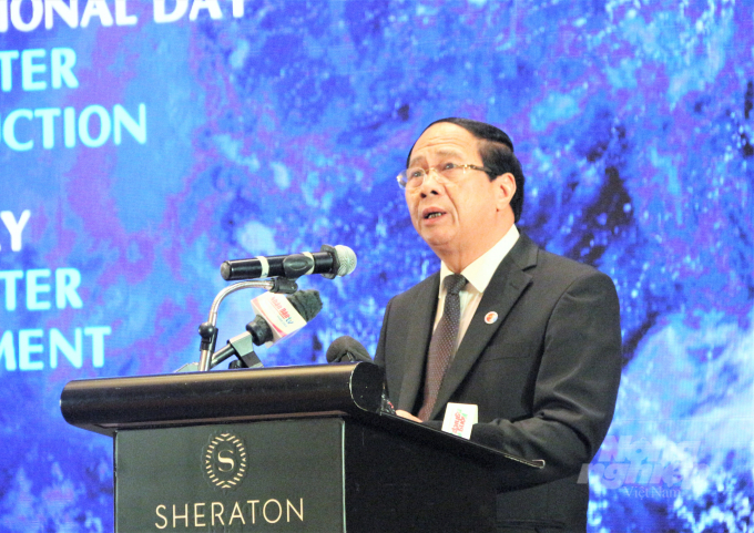 Phó Thủ tướng Lê Văn Thành gửi lời cảm ơn tới cộng đồng quốc tế, các cơ quan, tổ chức và các đối tác phát triển đã cùng Việt Nam phòng, chống, giảm nhẹ hậu quả thiên tai. Ảnh: Phạm Hiếu.