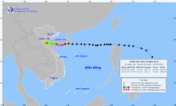 Bão số 8 đã suy yếu thành áp thấp nhiệt đới trước khi đi vào khu vực Thanh Hóa, Nghệ An. Ảnh: TTDBKTTVQG.